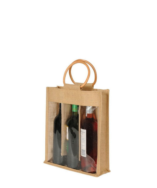 3 BOTTLE WINDOW Laminated Jute Bag with Plastic Window