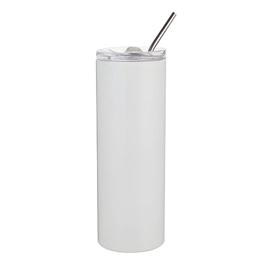 Water Bottles - Slim Stainless Steel - WHITE - 600ml Tumbler with Straw