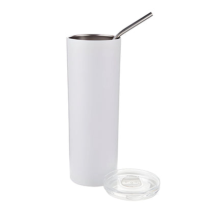 Water Bottles - Slim Stainless Steel - WHITE - 600ml Tumbler with Straw